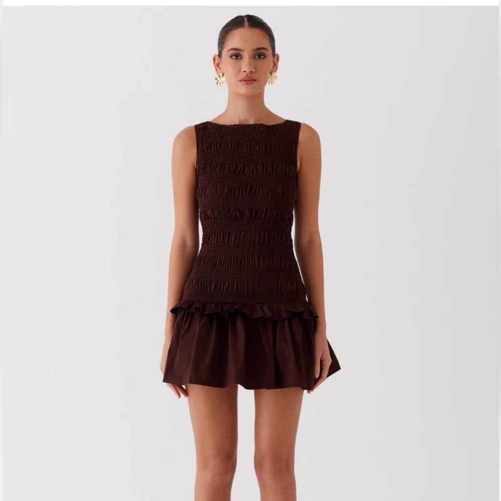 Peppermayo Exclusive - Garden Kisses Shirred Mini Dress - Chocolate